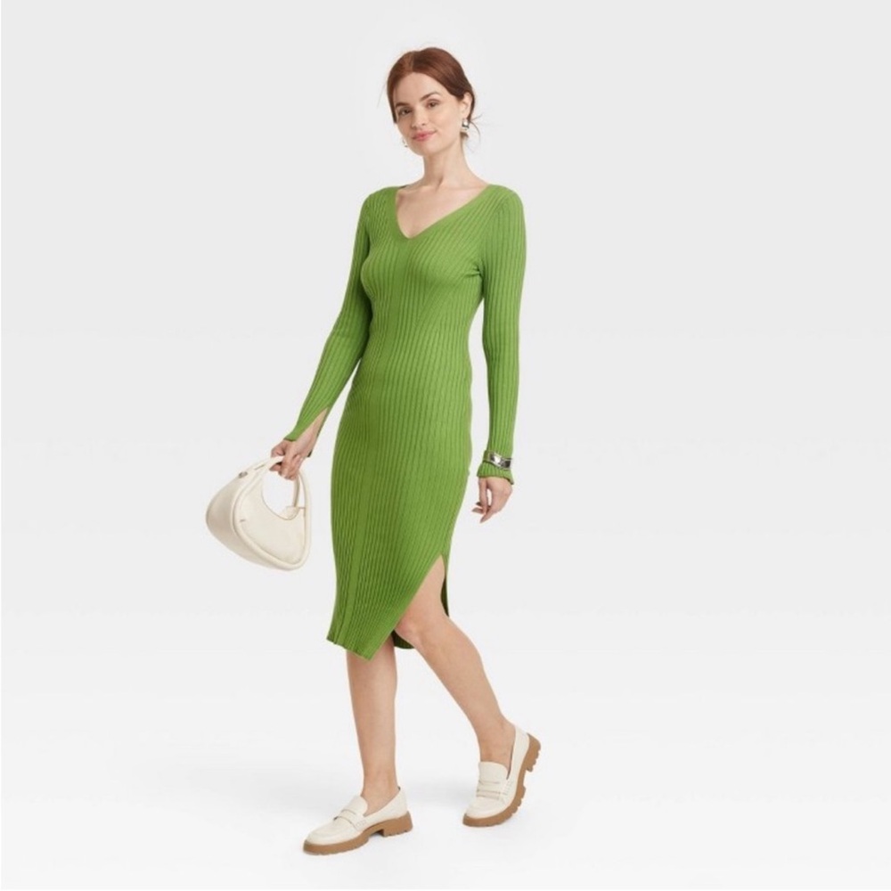 A New Day NWT Green Ribbed Bodycon Midi Dress L Preppy Knit Casual Colorful